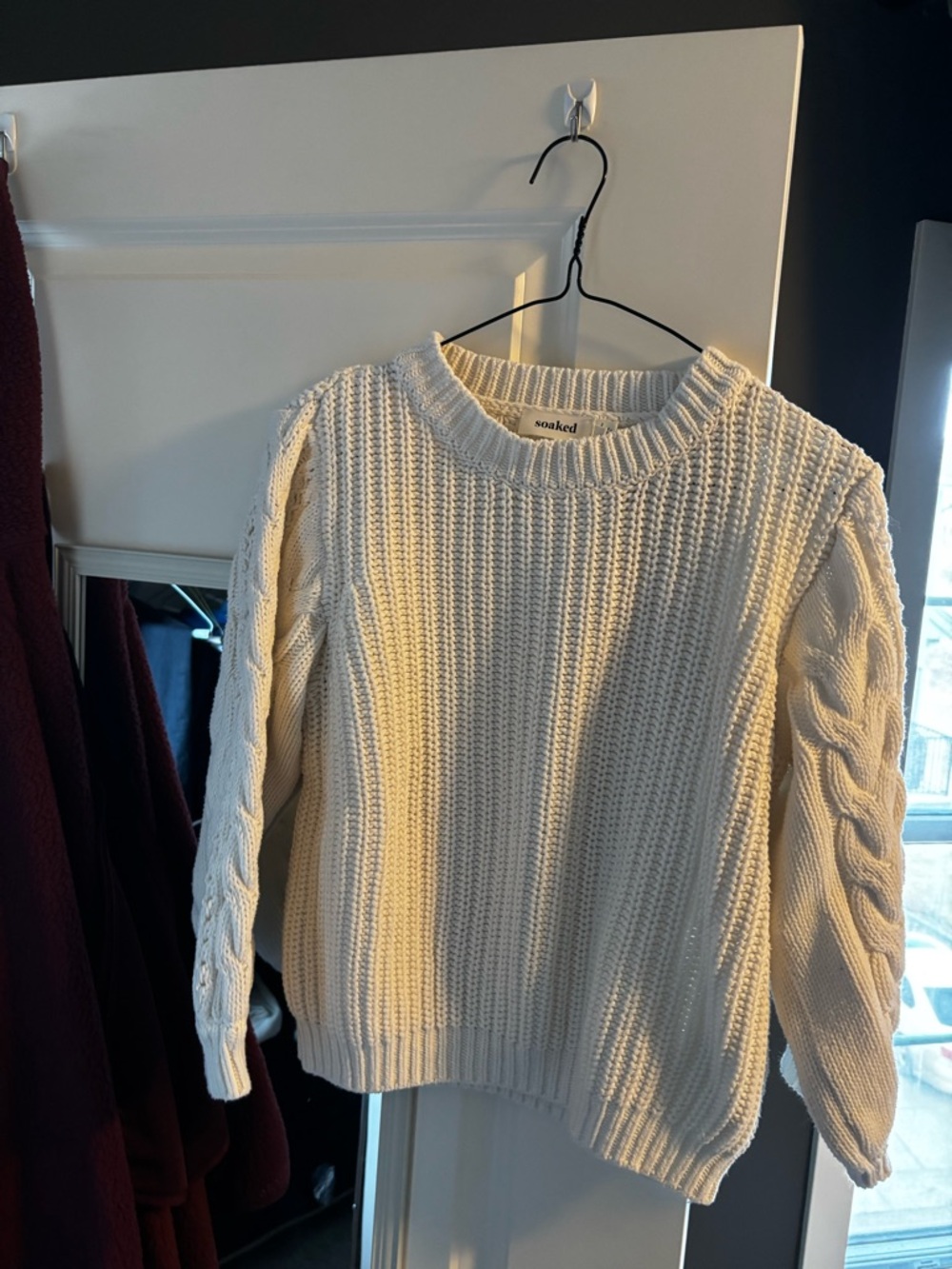 Soaked Women's Cream Cable-Sleeve Crewneck Sweater